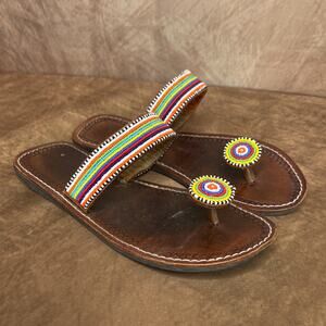 Vintage 90s Handmade Beaded Sandals Multicolor Leather Women's 39 Boho Festival